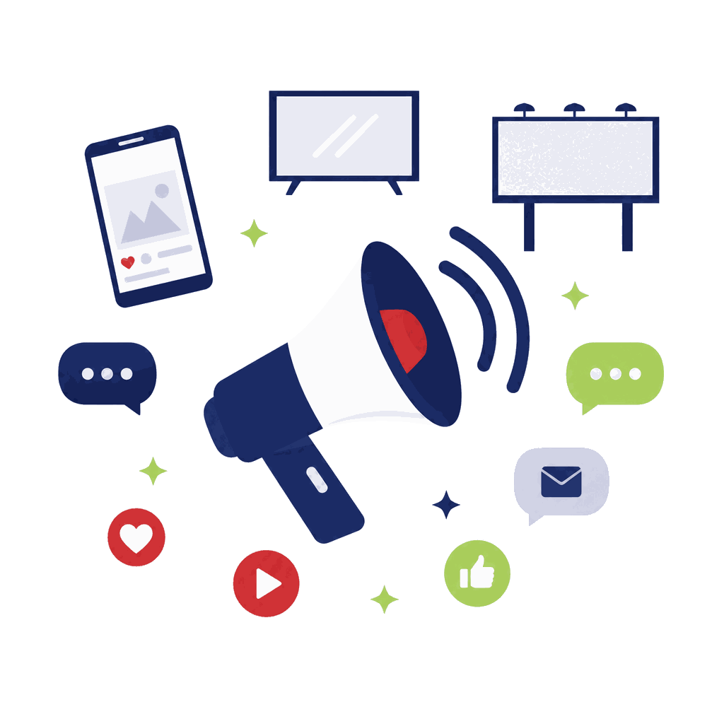 Illustration of the Ceramica Market campaign: a megaphone broadcasting to a TV screen, a billboard, a phone showing a social ad, chat bubbles and message icons