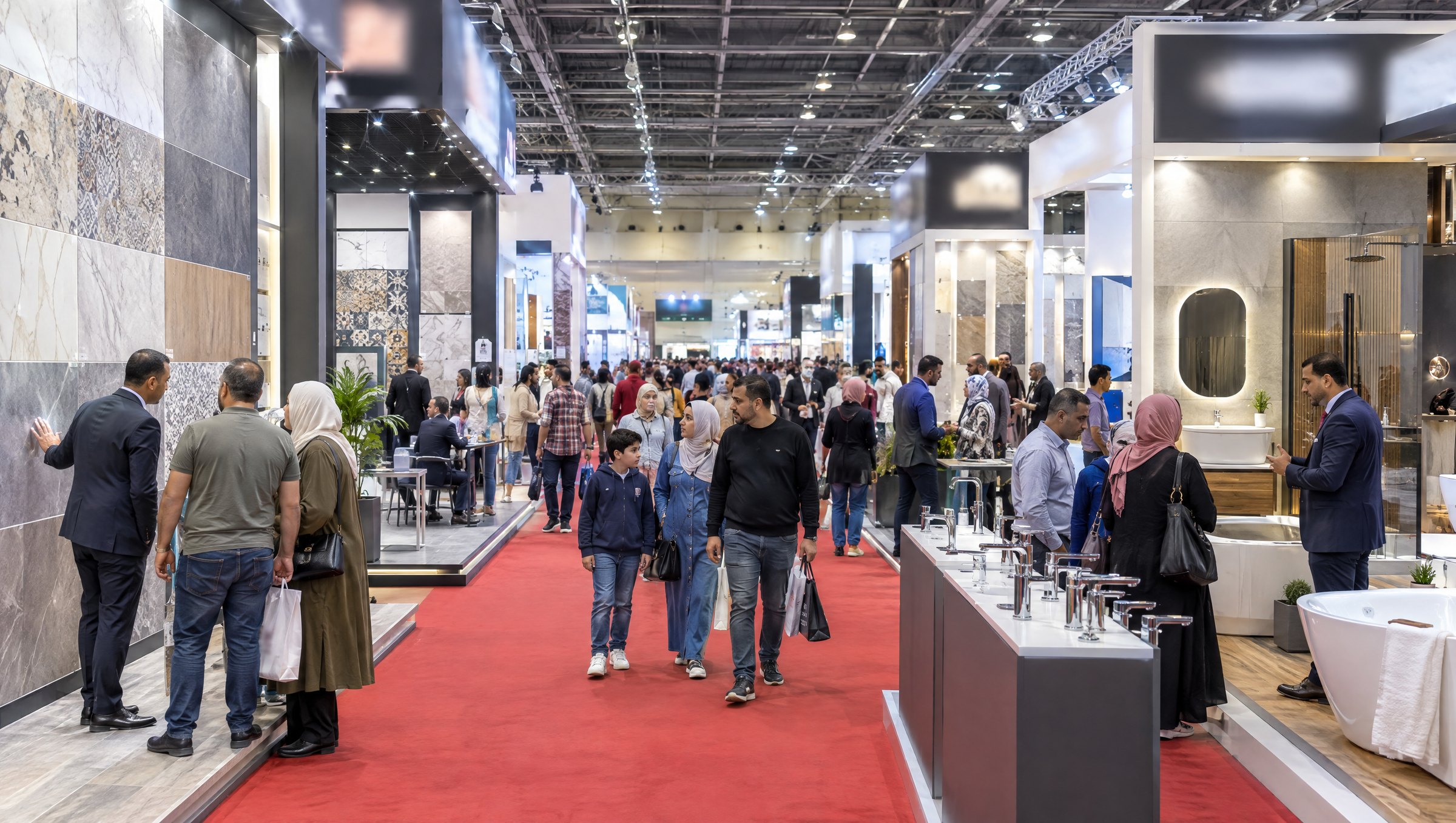 A wide aisle of the Ceramica Market show floor, tile and sanitaryware stands on both sides